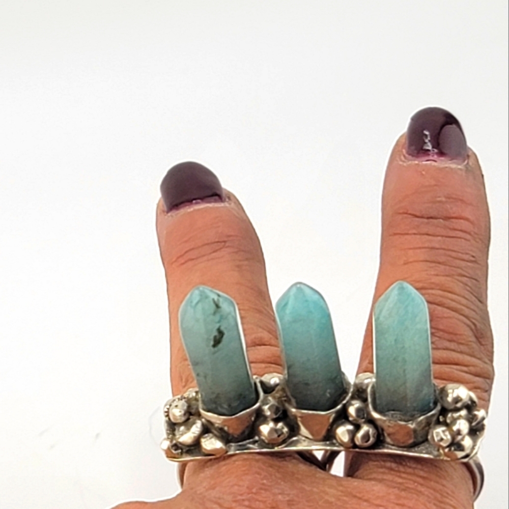 3 SPIKES AQUAMARINE DOUBLE RING BAND HANDMADE IN STERLING SILVER METAL 8.5 & 7.5 - Picture 9 of 11